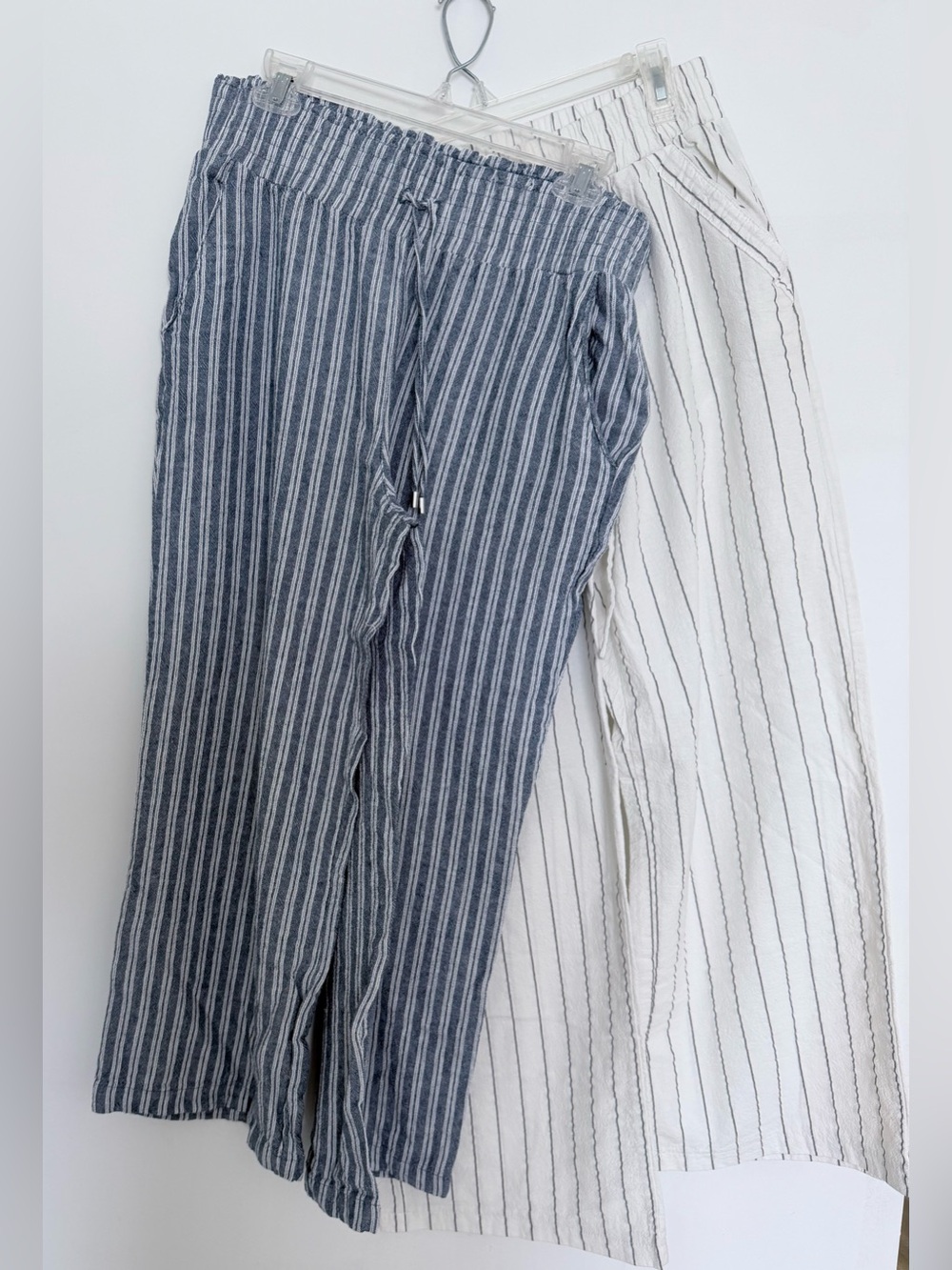 2 Women’s Striped Linen-Blend Drawstring Pants - Blue & White and White & Gray